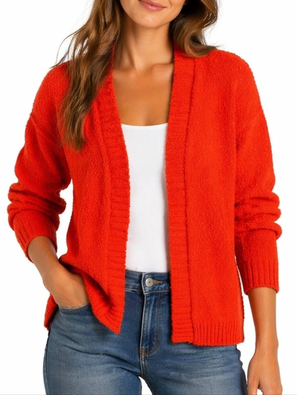 Marled Reunited Clothing 100% Cotton Knit Orange Textured 3/4 Sleeve Cardigan Sw